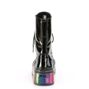 Emily350- Holographic rainbow pixel heart platform lace up boot