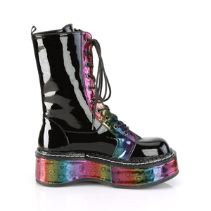 Emily350- Holographic rainbow pixel heart platform lace up boot