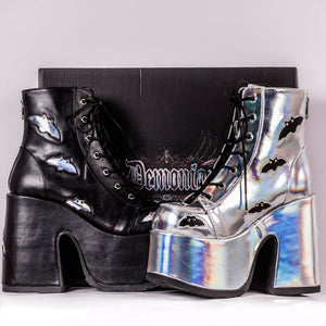 Camel201 - Silver Hologram Bats Chunky Heel Ankle Boot