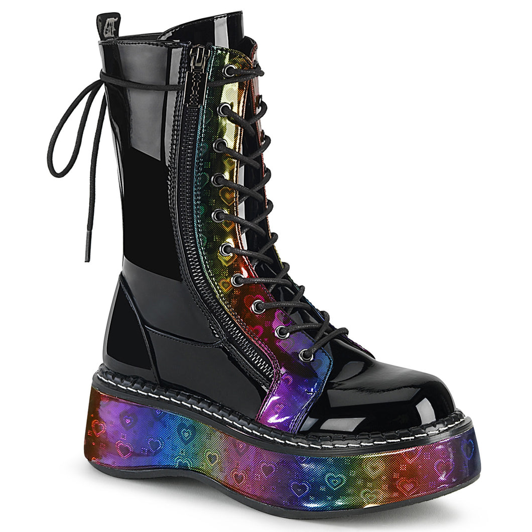Emily350- Holographic rainbow pixel heart platform lace up boot